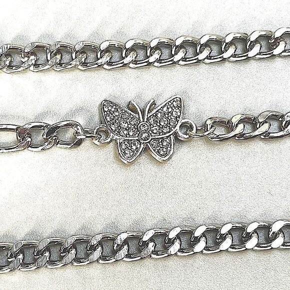 3 Piece Set - Butterfly 🦋 on Silver l Rhinestone adorned l 3 chain Set l New - Picture 4 of 9